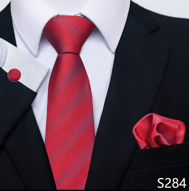Men's formal tie scarf cuff buckle set in red textured with tie and matching pocket square