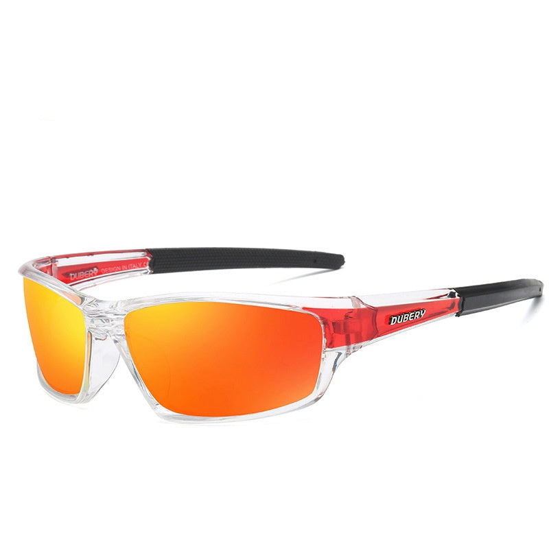 Retro polarized sports sunglasses with clear frame and orange tinted lenses