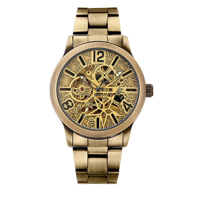 Mechanical watch with gold-tone metal bracelet and gold-tone skeleton dial