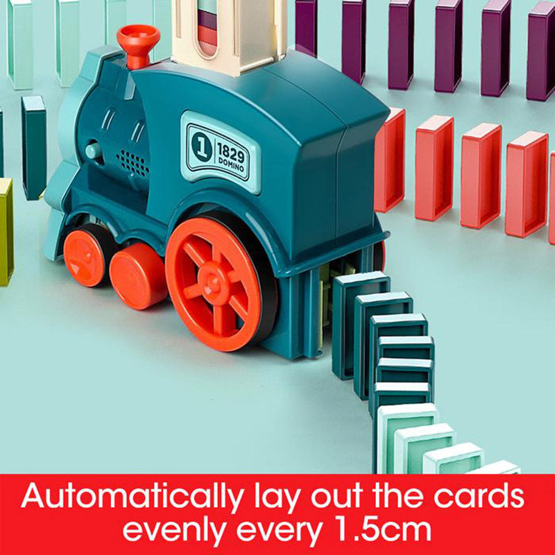 Blue domino train car with colorful domino rails and stacked rail pieces