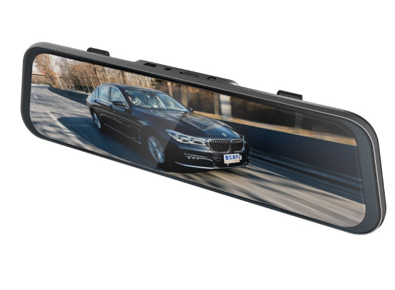 Black rearview mirror dash cam mounted on bracket with 10-inch dash screen display