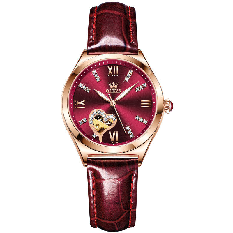 Rose gold automatic mechanical watch with burgundy leather strap, maroon crystal dial