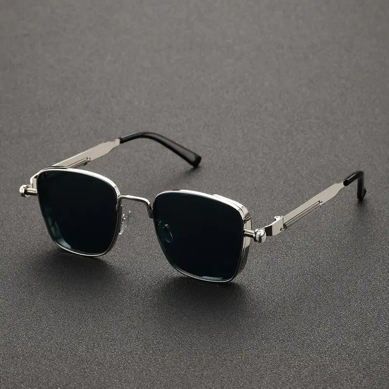 Silver square sunglasses with dark tinted lenses and long metal temple arms