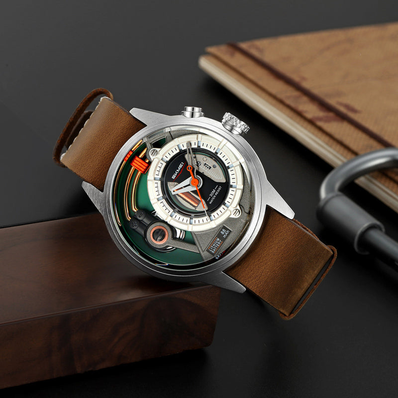 Men's quartz watch with silver case and brown leather strap, analog display.