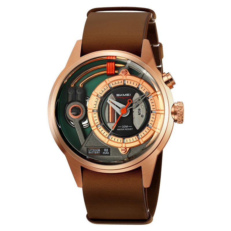 Men's quartz watch with rose gold case and brown leather strap, angled view.