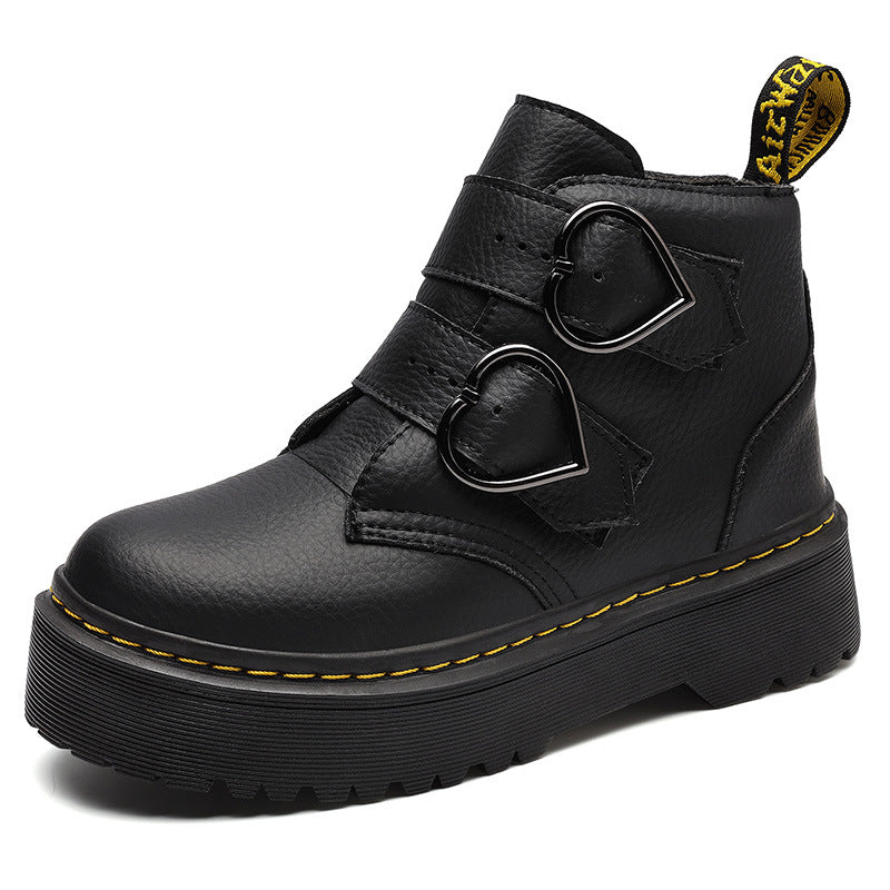 Women's thick-soled boots, black upper with double heart buckle straps