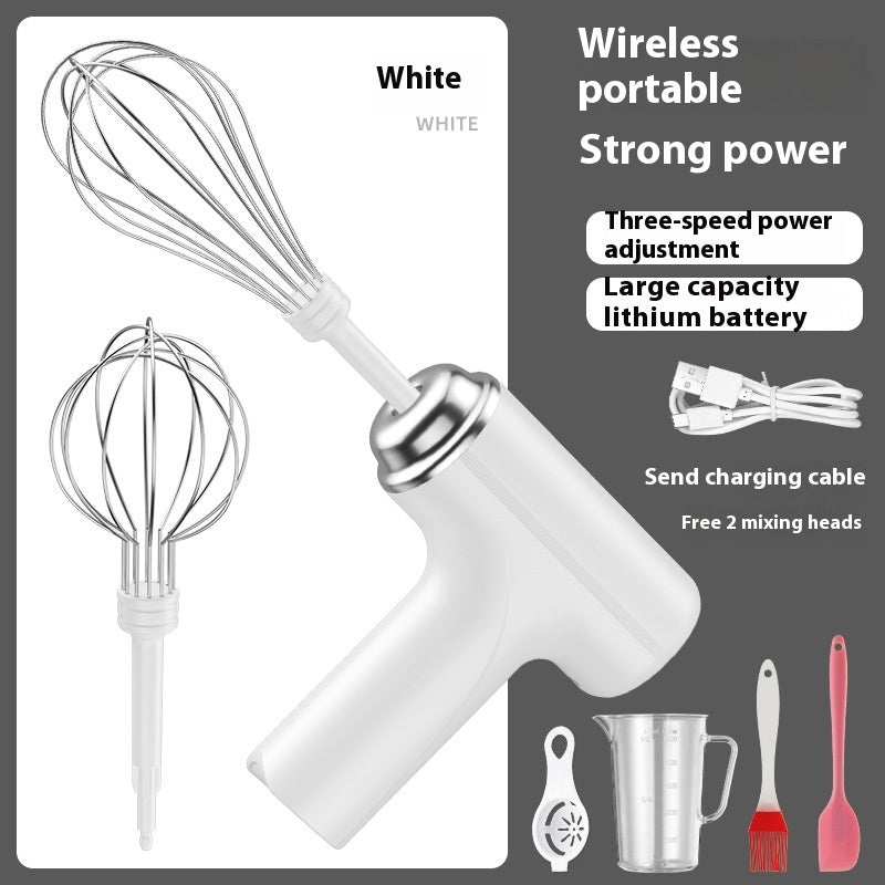 Wireless electric egg beater in white with foldable handle and rotating wire whisk