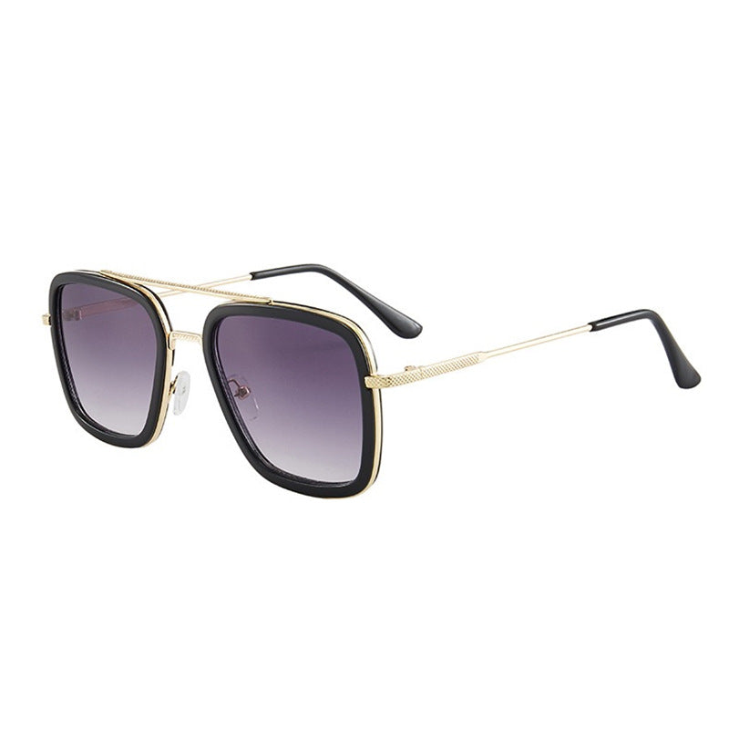 Square frame sunglasses with black frame, gold accents, and purple tinted lenses