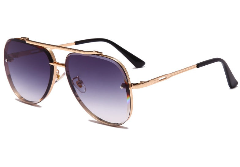Men's sunglasses with double bridge metal frame and violet lenses, side angled view