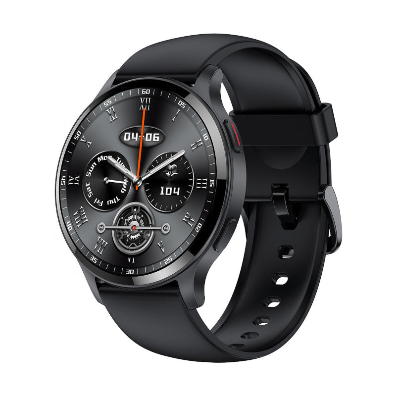 Black smartwatch with round dial and black silicone band, side view with button