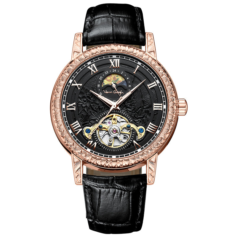 Men's automatic skeleton watch, black leather strap, rose gold-tone case on white