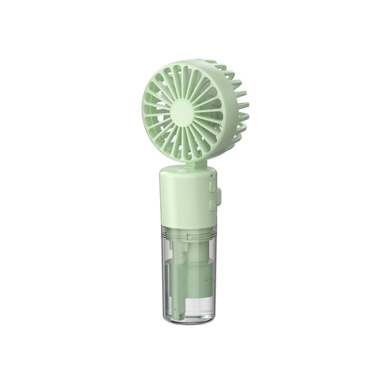 Portable handheld mini fan, light green with circular grille and adjustable base.