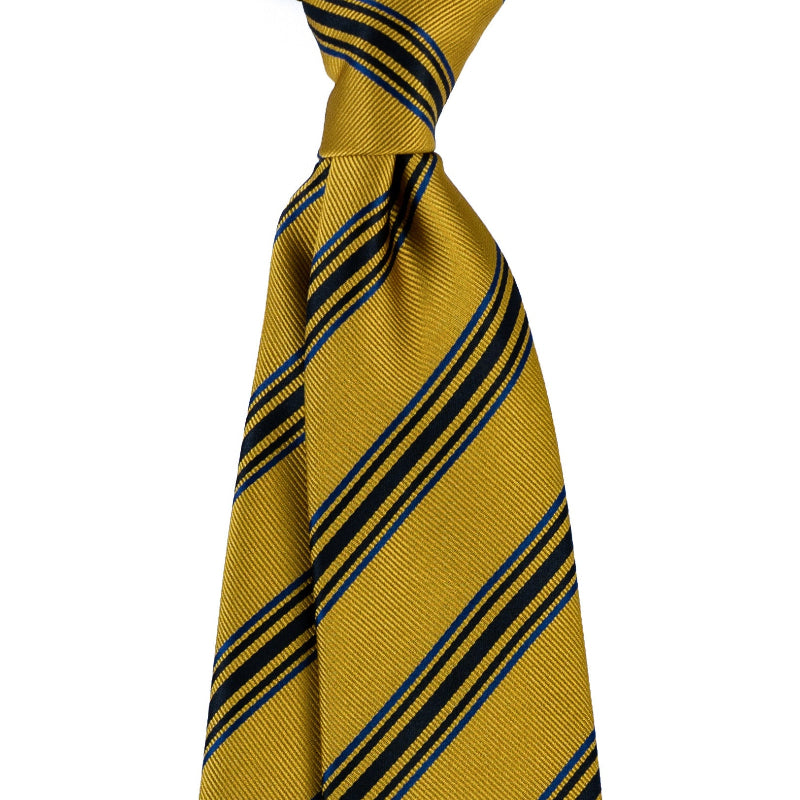 Gold yellow necktie with navy diagonal stripe bands