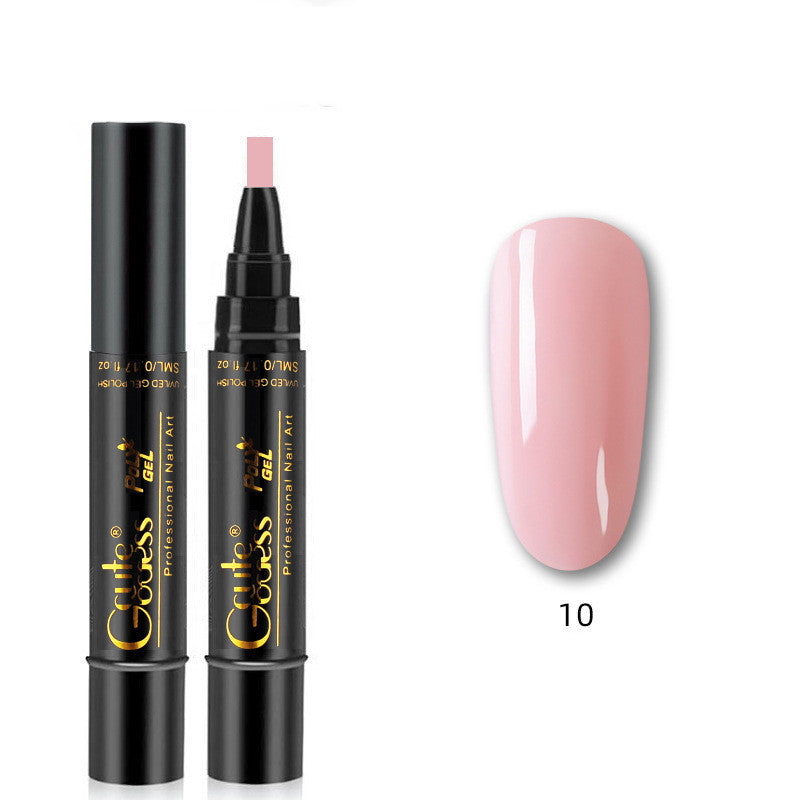 Nail gel polish pen with pale pink cap and pink nail swatch, color 10