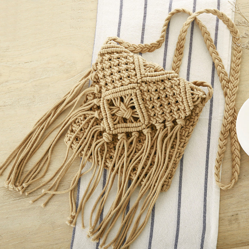 Handmade macramé fringe shoulder bag with woven body and flip cover in camel
