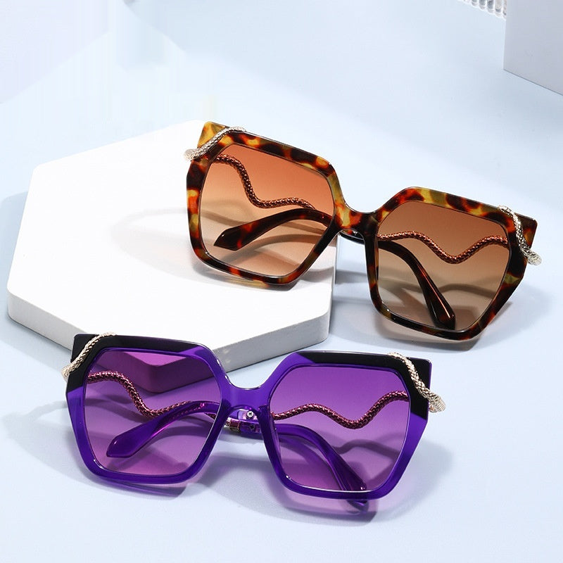 Square sunglasses set: tortoise and purple frames, tinted lenses, gold snake temples