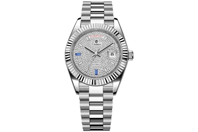 Silver-tone men’s automatic mechanical watch with textured gray dial and date window