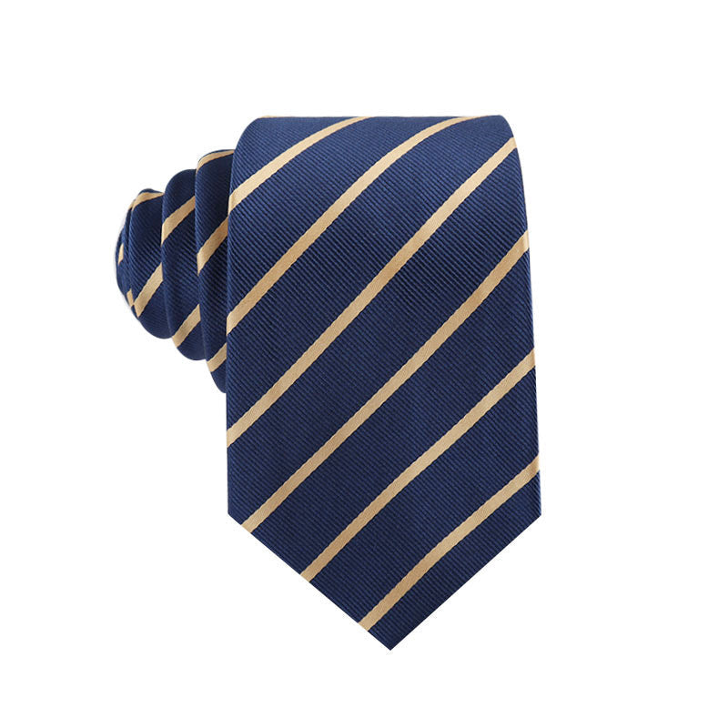 Men's necktie with dark navy base and tan diagonal stripe pattern