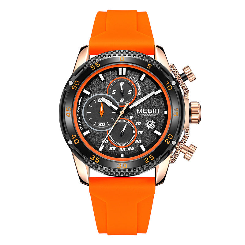Men's sport quartz watch with black dial, orange silicone strap, rose gold bezel