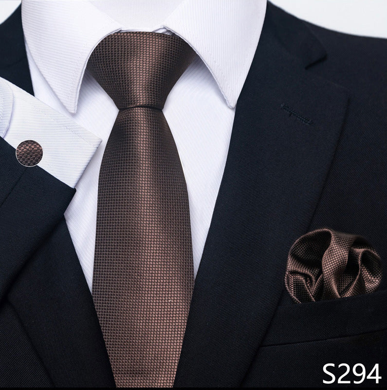 Men's formal dark brown textured tie set with matching pocket square and cuff link