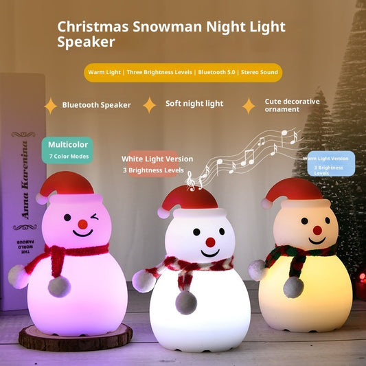 Three Christmas snowman night lights with different color modes on a wooden surface.