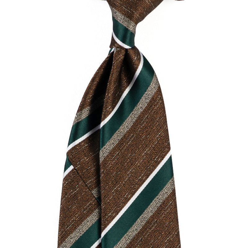 Men's tie in brown with green diagonal stripes and white lines