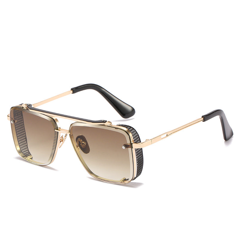 Unisex retro metal mesh edge sunglasses with gold frame and dark tinted lenses.
