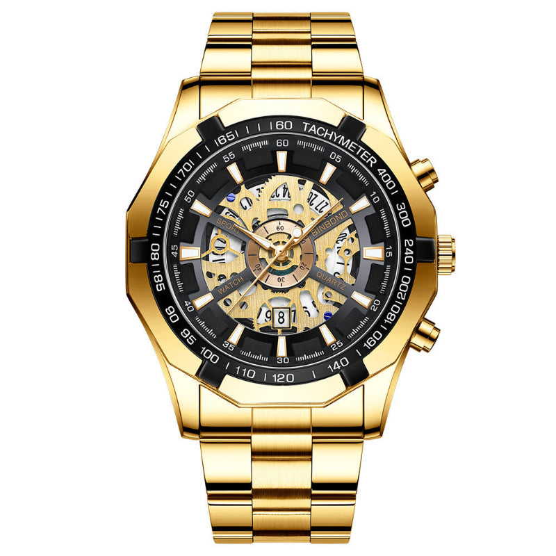 Men's skeleton quartz watch with gold-tone case, black bezel, and gold-toned dial.