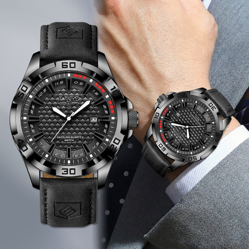Men's black quartz wristwatch on wrist, plus matching black watch shown side by side