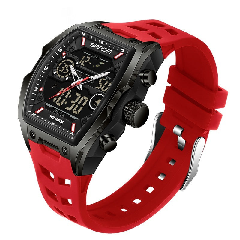 Multifunctional sports electronic watch, black dial, red silicone strap, silver-toned case