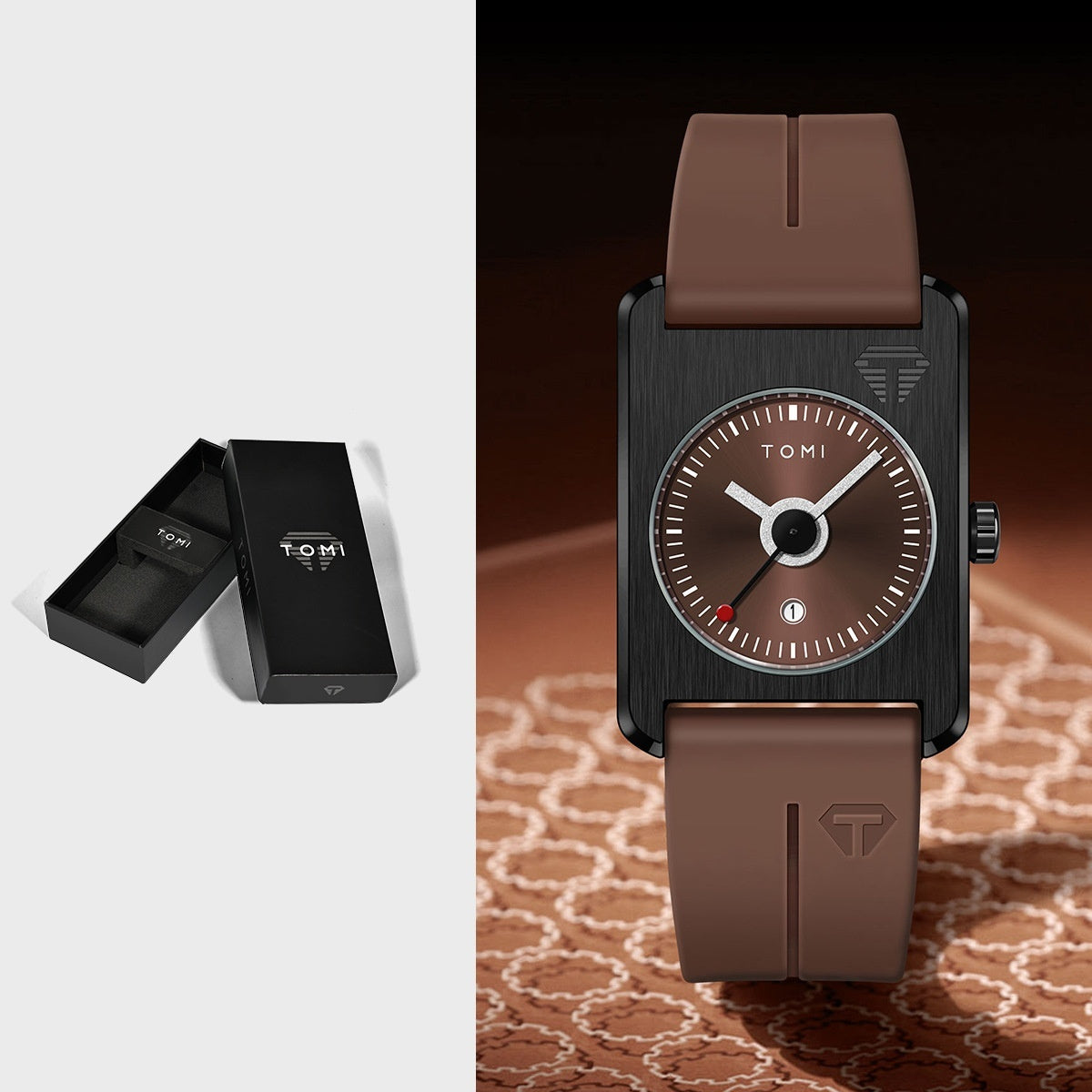 Unisex square quartz watch with calendar, brown dial, dark case, brown silicone strap