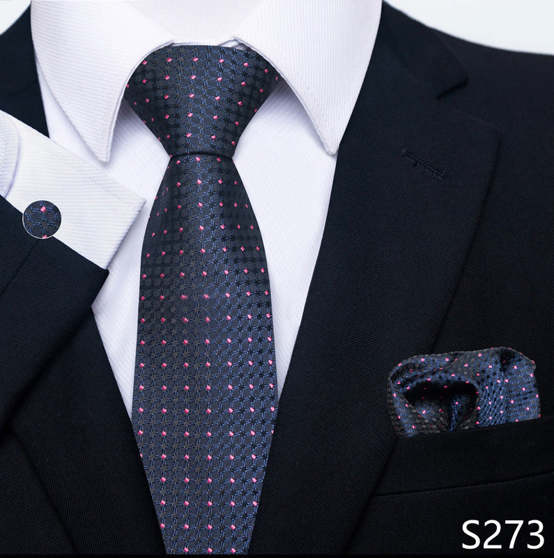 Men's formal tie, pocket square, and cufflink set with dark navy red dot tie
