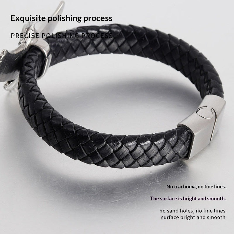 Black braided leather bracelet with smooth silver-toned rectangular clasp
