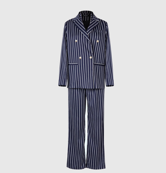 Women's Striped Blazer & High Waist Pants Set