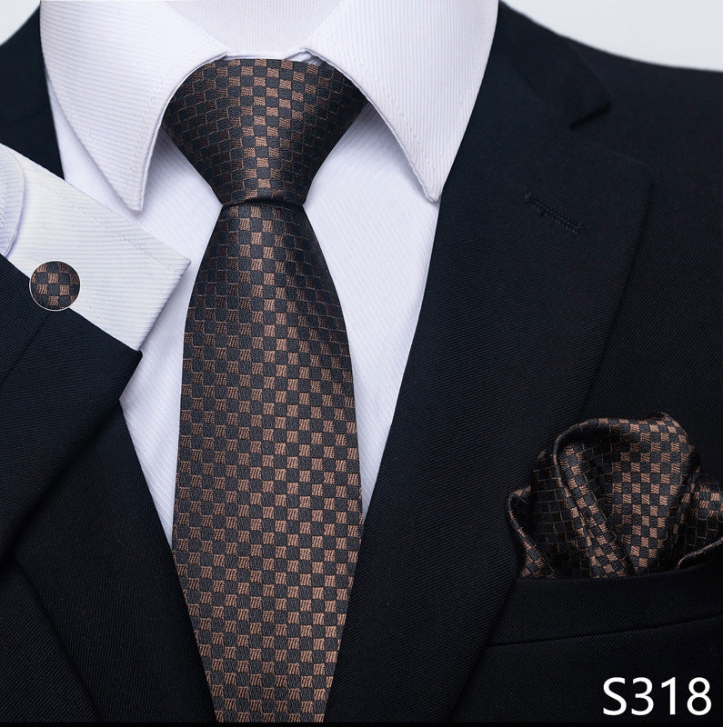 Men's formal tie scarf cuff buckle set: dark brown check tie, pocket square, cufflinks