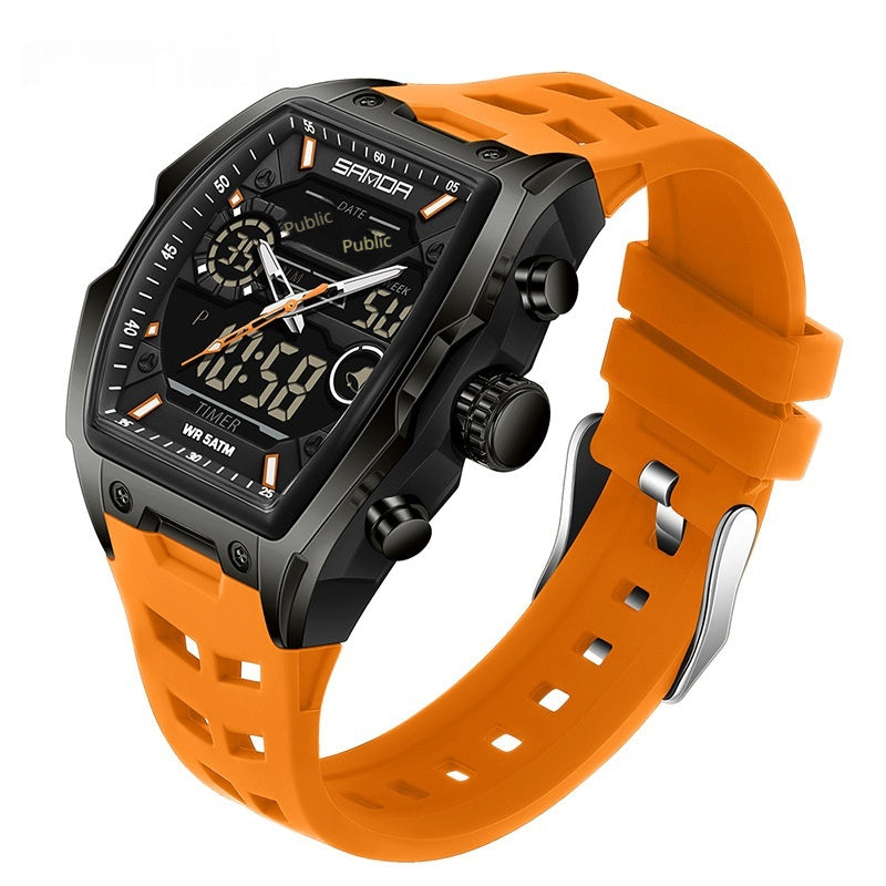 Multifunctional sports electronic watch, black dial, orange silicone strap, dark case with silver buttons