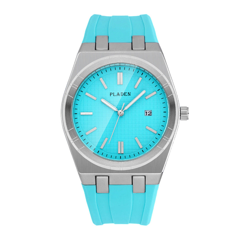 Men's quartz watch with silver case, turquoise silicone strap, teal dial, date at 12