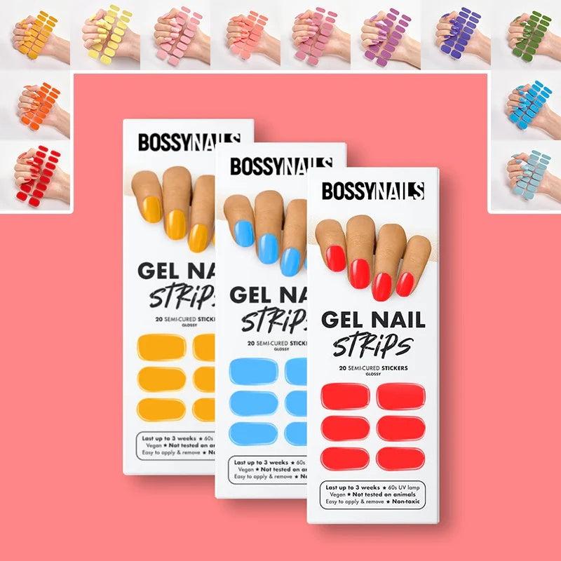 Nail sticker wraps with assorted multicolor press-on style nails displayed on cards