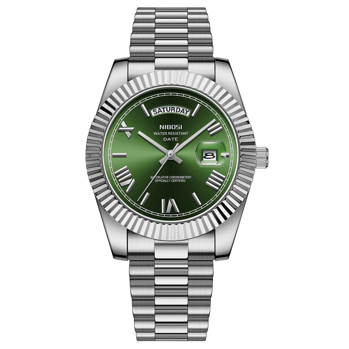 Men's quartz watch with silver steel bracelet, green dial, gold hands and day-date window