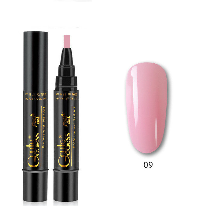 Nail glue pen with pink cap and bright pink gel swatch labeled 09