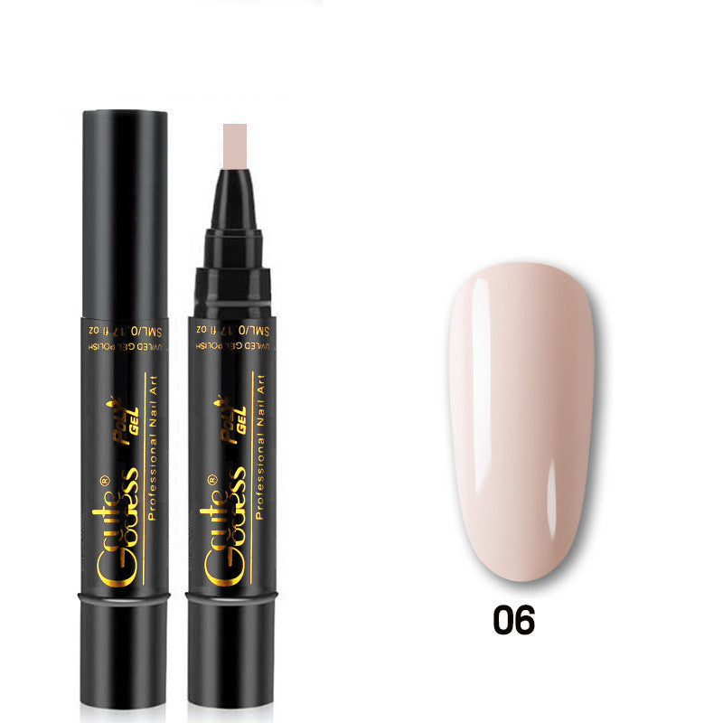 Nail glue pen with nude cap and pale nude gel swatch labeled 06