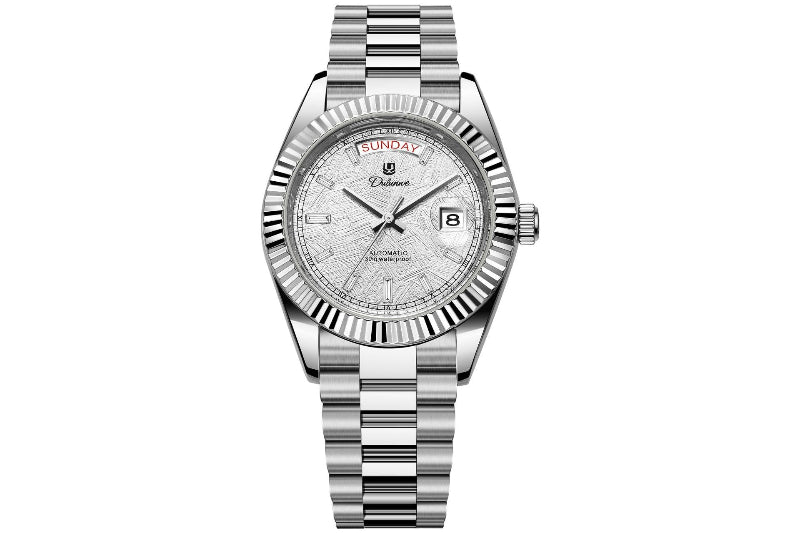 Stainless steel automatic men's watch with white dial and dual calendar windows