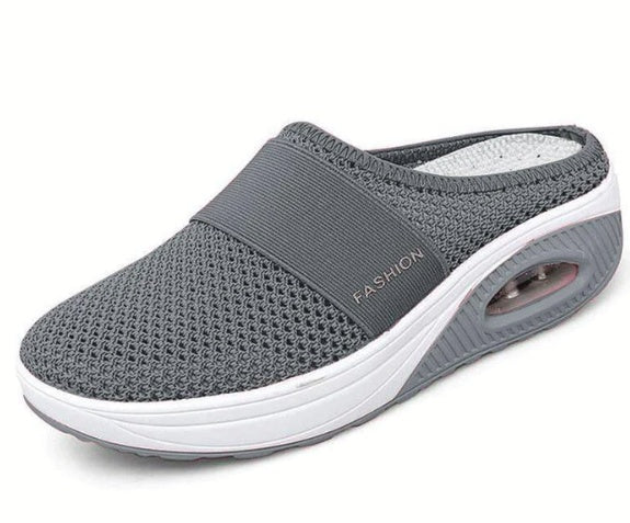 Women’s dark grey mesh slip-on slippers with air-cushion heel sole