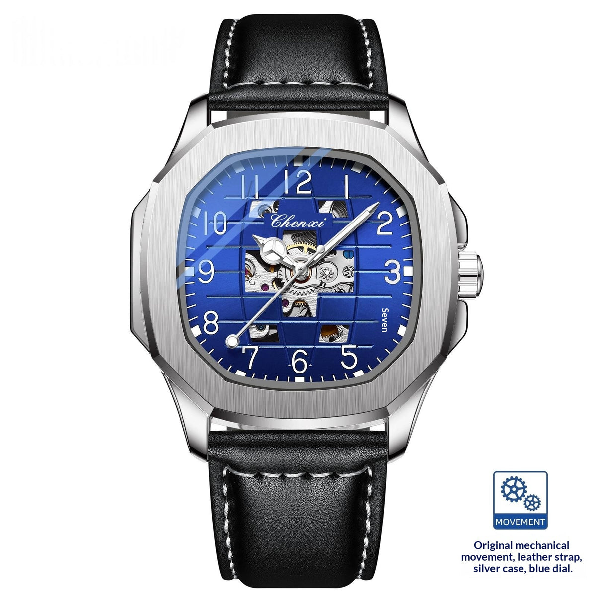 Men's square mechanical watch with silver case, black leather strap, blue dial