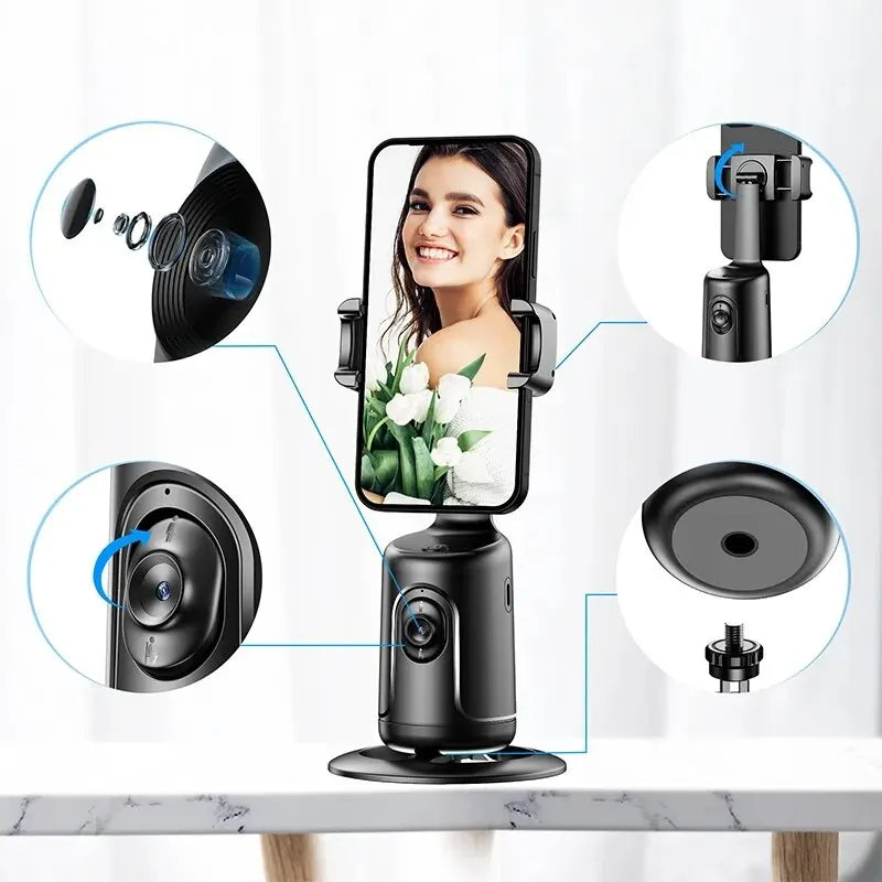 Black phone holder with clamp and base stand, showing camera and adjustability details