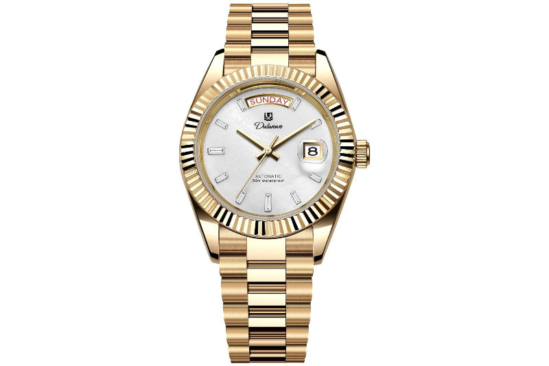 Gold-tone men’s automatic mechanical watch with light dial, dual calendar, and date window