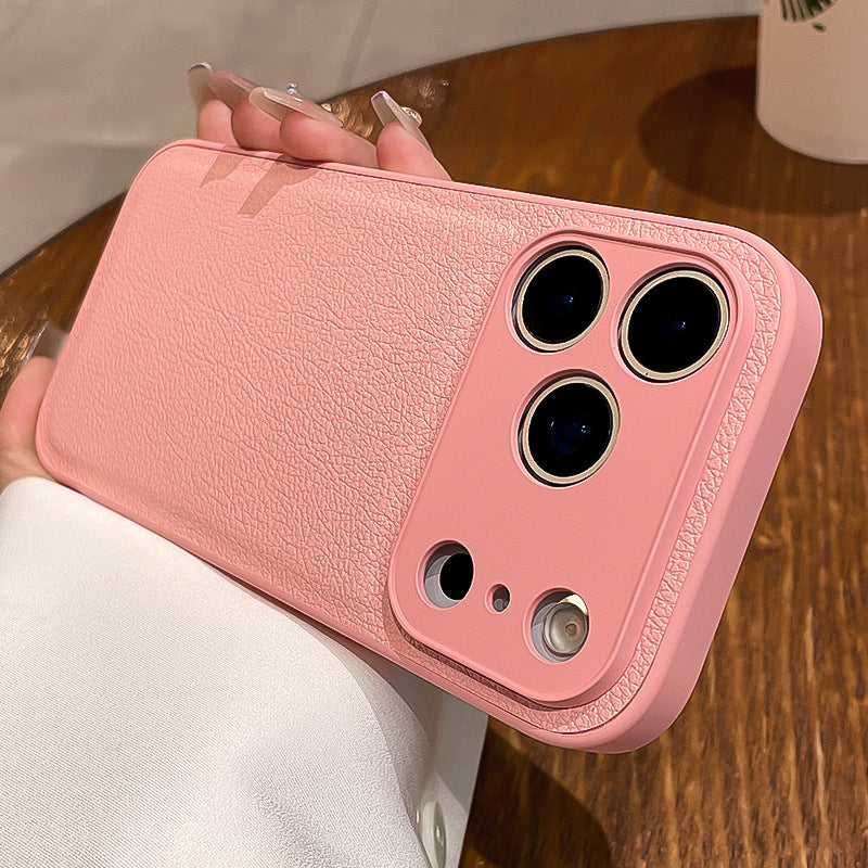 Light pink textured phone case with raised camera bump and cutouts for lenses and flash.