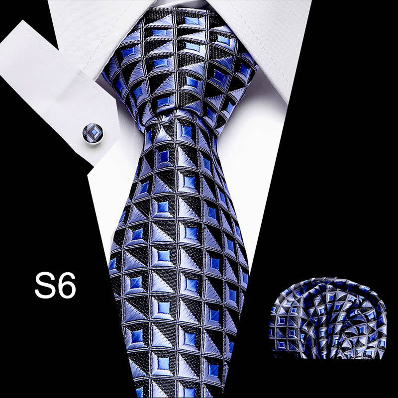 Men's business tie with black and royal blue geometric grid pattern