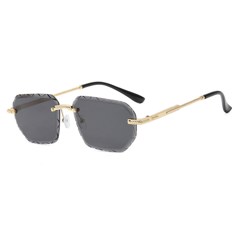 Square small sunglasses with metal trim, dark gray lenses and black arms