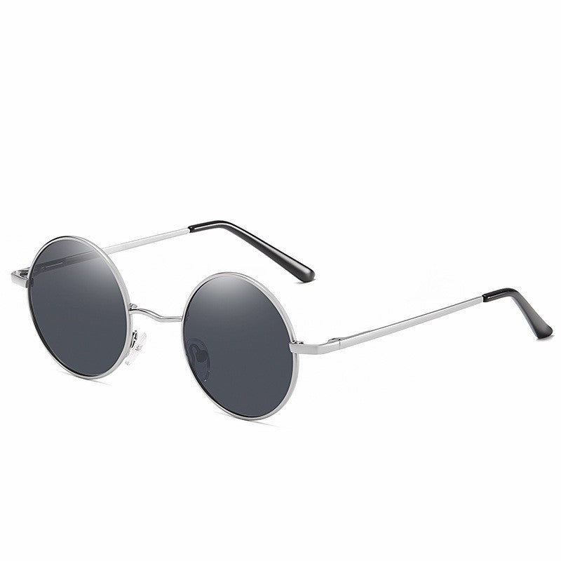 Round polarized sunglasses with silver metal frame and gray tinted lenses